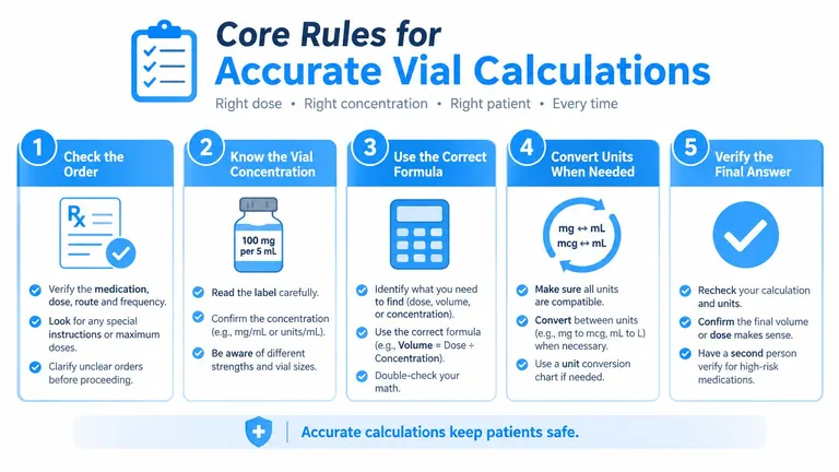 A five-step infographic outlining the core rules for performing accurate vial calculations in a medical setting.