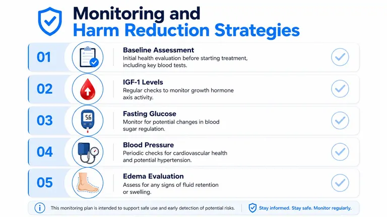 An infographic titled Monitoring and Harm Reduction Strategies outlining five essential health checks for treatment safety.