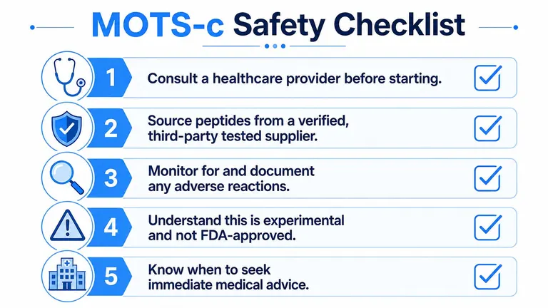 A safety checklist infographic for MOTS-c use, listing five essential steps for responsible usage and health monitoring.