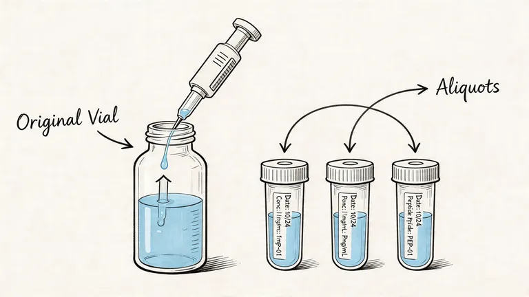 A diagram demonstrating the process of drawing peptide solution from an original vial into multiple storage aliquots.