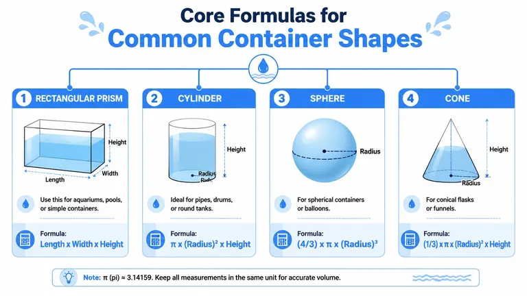A visual guide showing math formulas to calculate volume for rectangular prism, cylinder, sphere, and cone shapes.