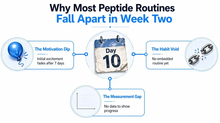 An infographic titled Why Most Peptide Routines Fall Apart in Week Two, highlighting three key failure points.