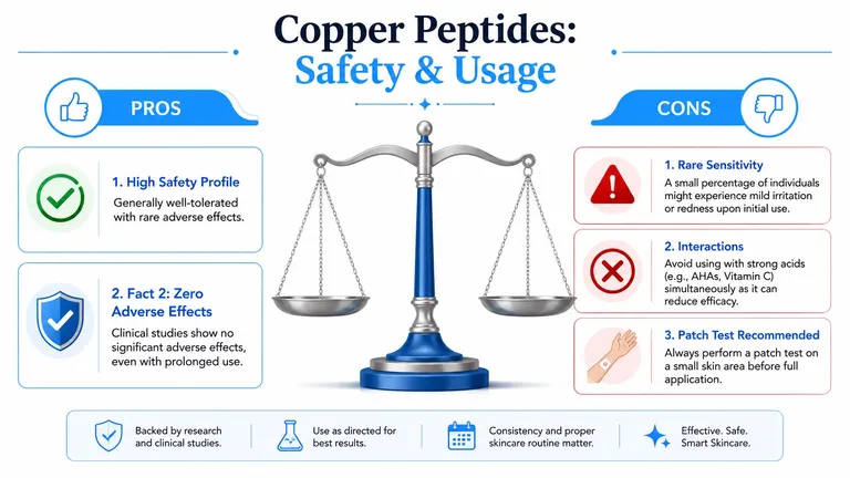 A comparison infographic showing the pros and cons of using copper peptides in skincare routines.