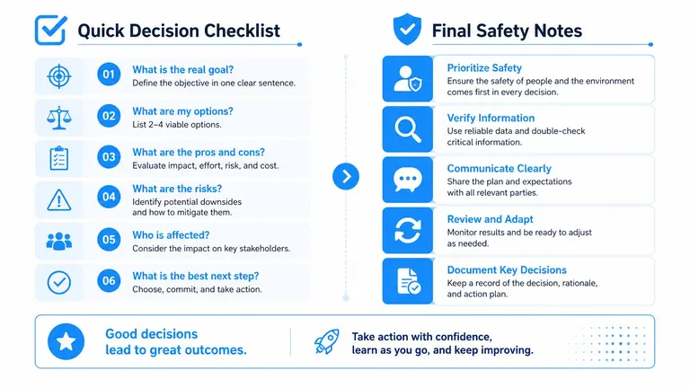 A professional infographic titled Quick Decision Checklist and Final Safety Notes illustrating a process for effective decision making.