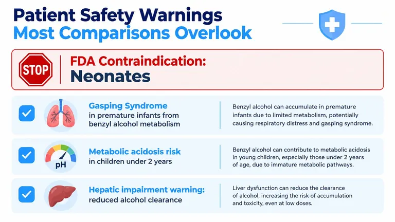 A safety infographic detailing FDA contraindications for neonates regarding benzyl alcohol, gasping syndrome, and metabolic risks.