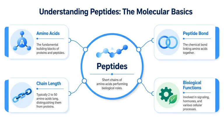 An educational infographic titled Understanding Peptides, detailing amino acids, peptide bonds, chain length, and biological functions.