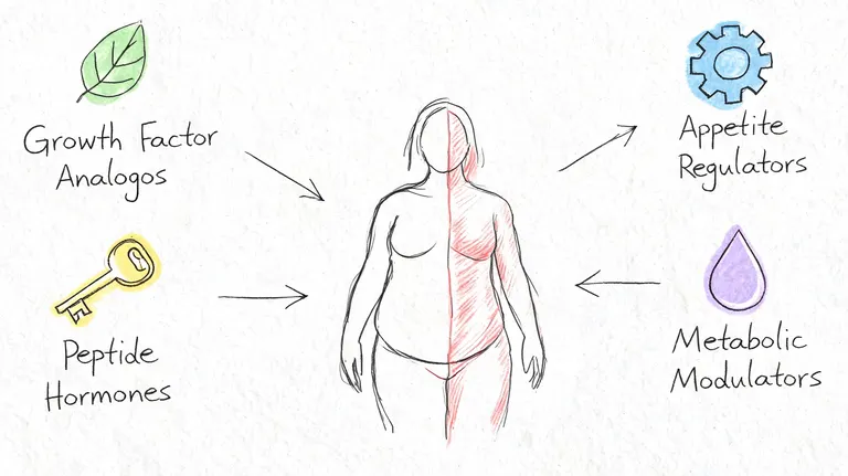 A hand-drawn illustration depicting various health factors like peptides and hormones affecting body weight and metabolism.