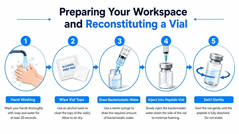 A five-step infographic illustrating the process of preparing a workspace and reconstituting a peptide vial.