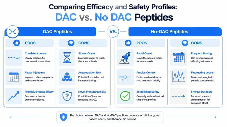 A comparison chart outlining the pros and cons of DAC versus No-DAC peptide therapeutic delivery methods.