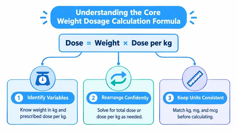 A diagram illustrating the core weight dosage calculation formula with three key steps for healthcare professionals.