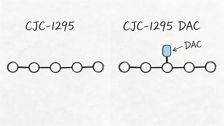 A diagram comparing the structure of CJC-1295 and CJC-1295 with the added DAC chemical modification molecule.