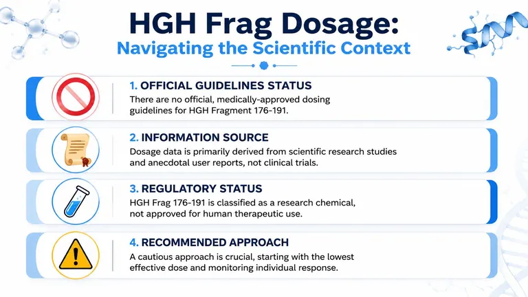 An infographic detailing important scientific context and regulatory information regarding HGH Fragment 176-191 dosage guidelines.