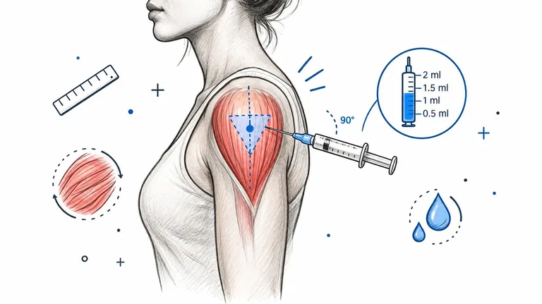 A diagram illustrating the correct technique for administering an intramuscular injection into the shoulder deltoid muscle.