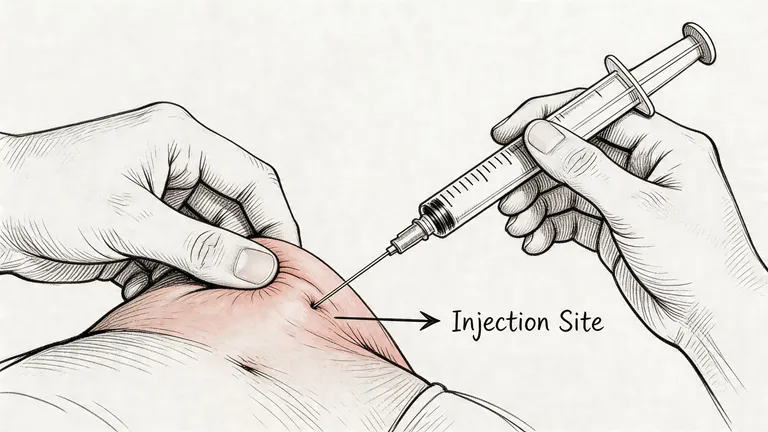 A hand holding a medical syringe to perform a subcutaneous peptide injection into the abdomen skin.