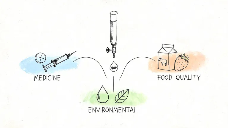 A conceptual diagram showing a burette dripping into applications including medicine, food quality, and environmental testing.