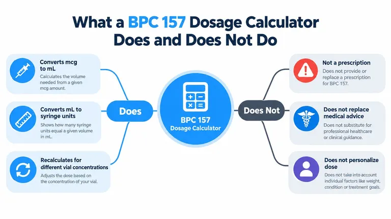 A diagram outlining the functions and limitations of a BPC 157 dosage calculator for medical users.
