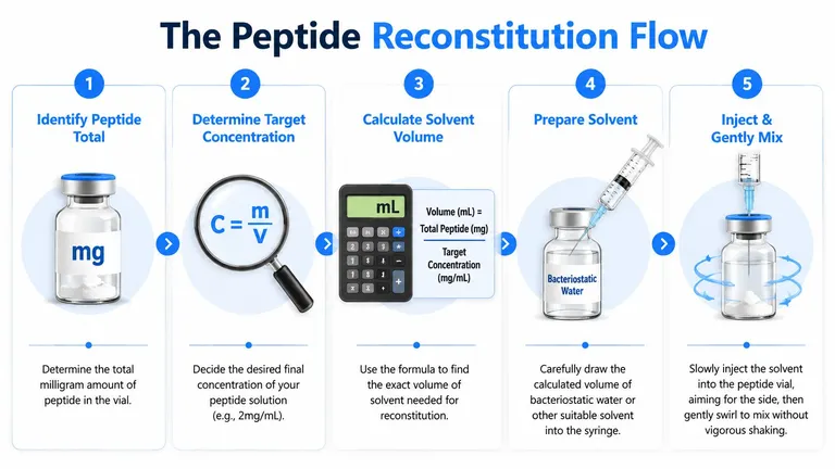 A five-step infographic showing the process of reconstituting peptides, from calculating concentrations to final mixing.