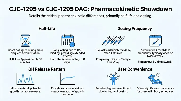 A comparison chart outlining the pharmacokinetic differences, half-life, and dosing frequency between CJC-1295 and CJC-1295 DAC.