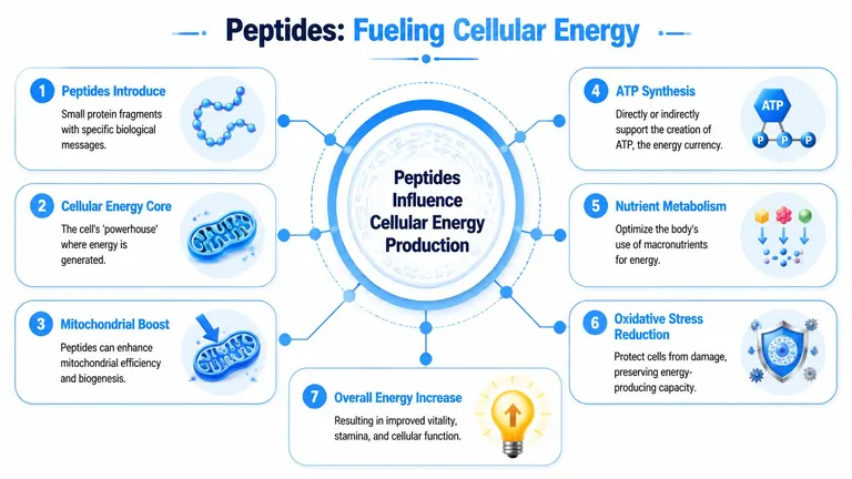 A diagram illustrating how peptides influence cellular energy production and mitochondrial function through seven key biological processes.