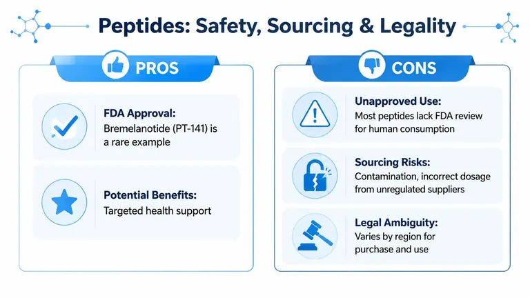An infographic titled Peptides: Safety, Sourcing & Legality comparing the pros and cons of peptide usage.