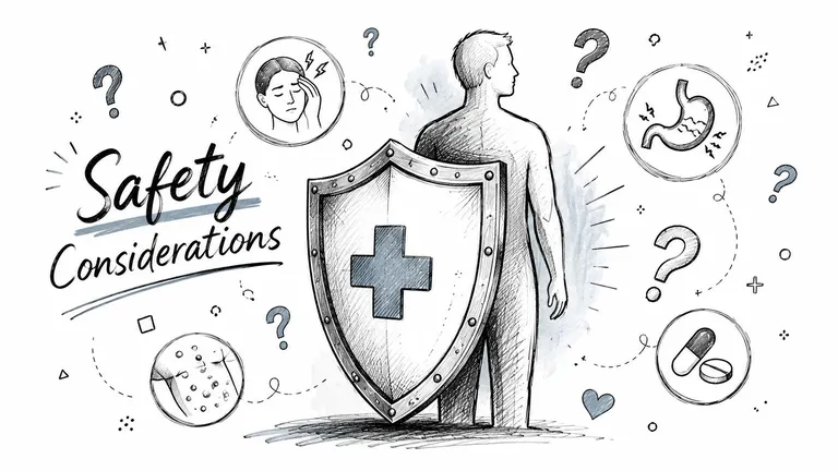 A hand-drawn illustration depicting a person protected by a shield with medical icons showing potential side effects.
