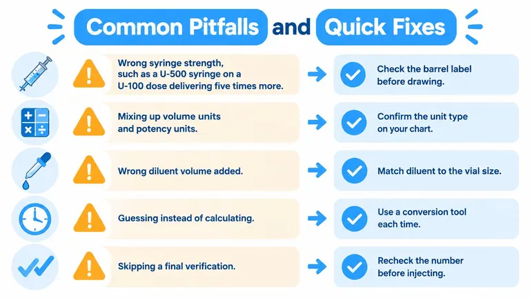 A chart illustrating common medication administration pitfalls and their corresponding quick fixes for safe clinical practice.