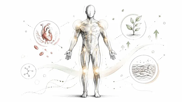 A diagram of a human body with icons representing cardiovascular, cellular, plant-based growth, and skin health.