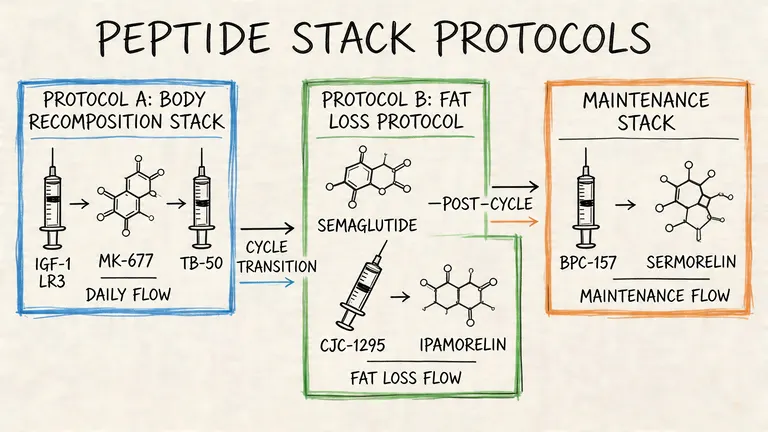 An infographic titled Peptide Stack Protocols illustrating routines for body recomposition, fat loss, and maintenance using various peptides.
