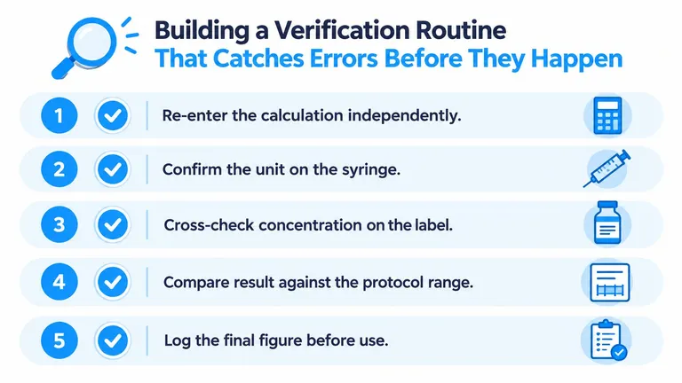 A five-step verification routine infographic for healthcare professionals to prevent medication calculation errors before administering dosages.