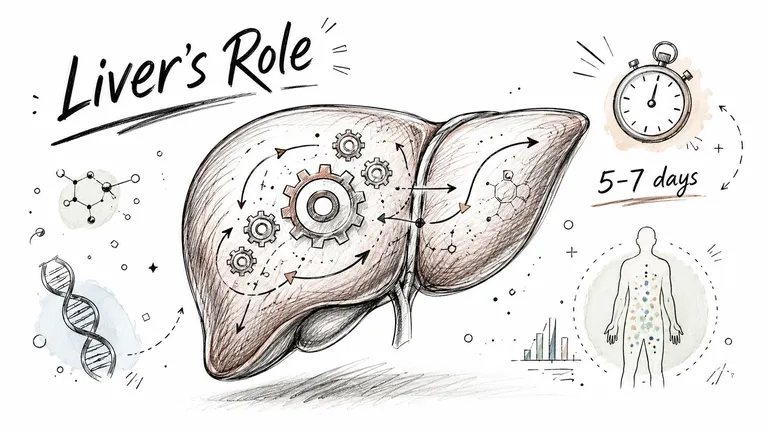 An illustrated diagram showing the human liver with gears and molecular structures representing biological processes.