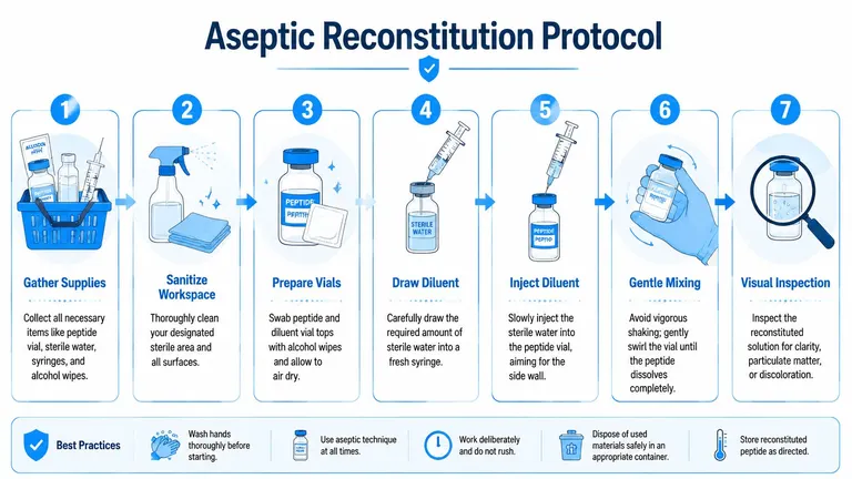 An instructional infographic detailing the seven-step aseptic reconstitution protocol for preparing peptide solutions safely and cleanly.