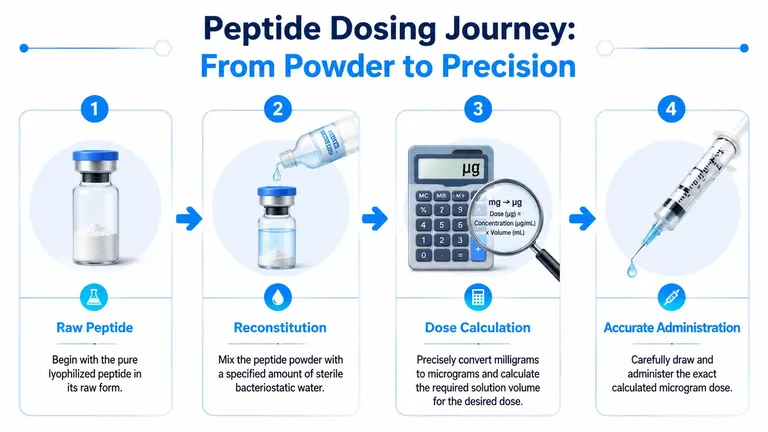 A four-step infographic illustrating the process of reconstituting and dosing lyophilized peptide powder for accurate administration.