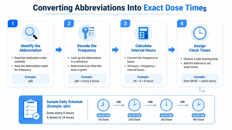 A four-step infographic illustrating how to convert medication dosing abbreviations into specific daily clock times.