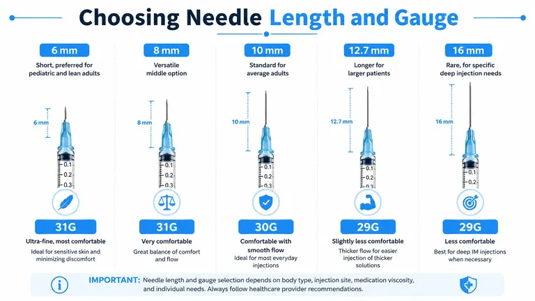 A visual guide comparing various needle lengths and gauges for choosing the correct insulin syringe.