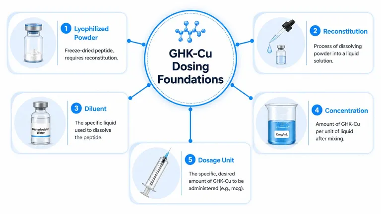 A diagram illustrating the five essential foundations for preparing and dosing GHK-Cu peptide medication.
