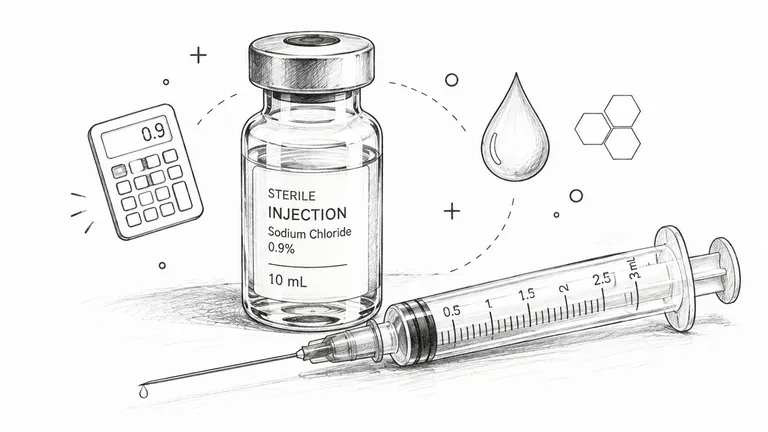 A medical sketch showing a sterile injection vial of sodium chloride, a syringe, and a digital calculator.