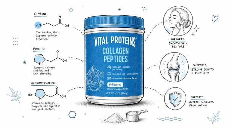 A tub of Vital Proteins Collagen Peptides highlighting its amino acid components and health benefits for skin and joints.