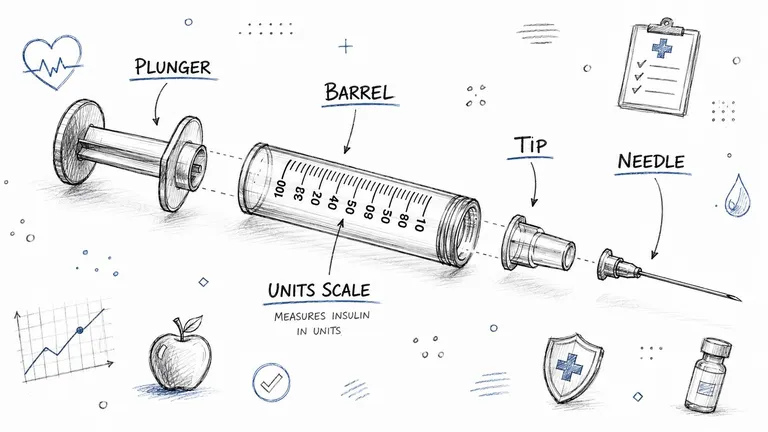 A detailed technical drawing of an insulin syringe showing its components: plunger, barrel, tip, and needle.