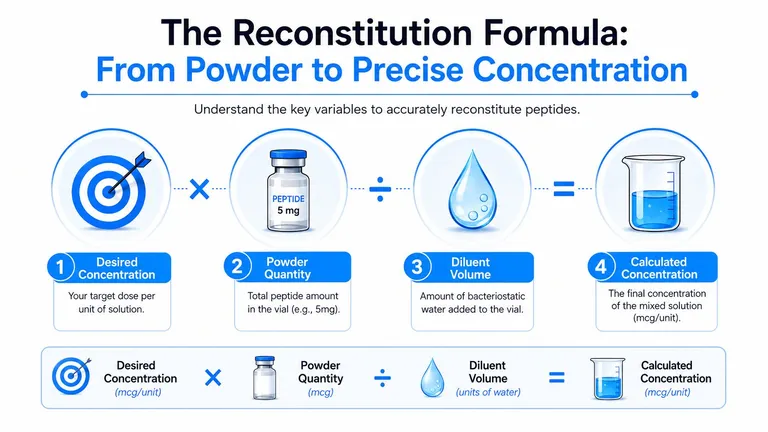 An infographic illustrating the mathematical formula used for reconstituting peptide powders into precise concentrations for medical use.