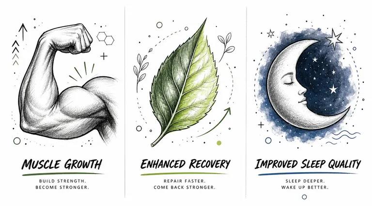 An infographic illustrating three key benefits: muscle growth, enhanced recovery, and improved sleep quality using conceptual icons.