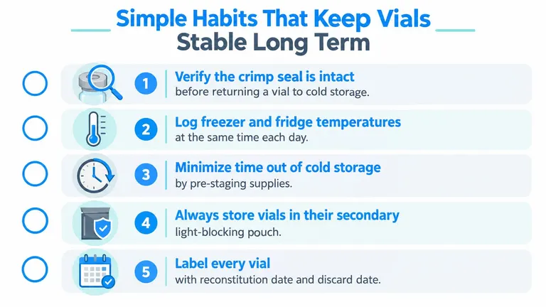 An infographic titled Simple Habits That Keep Vials Stable Long Term, listing five best practices for storage.