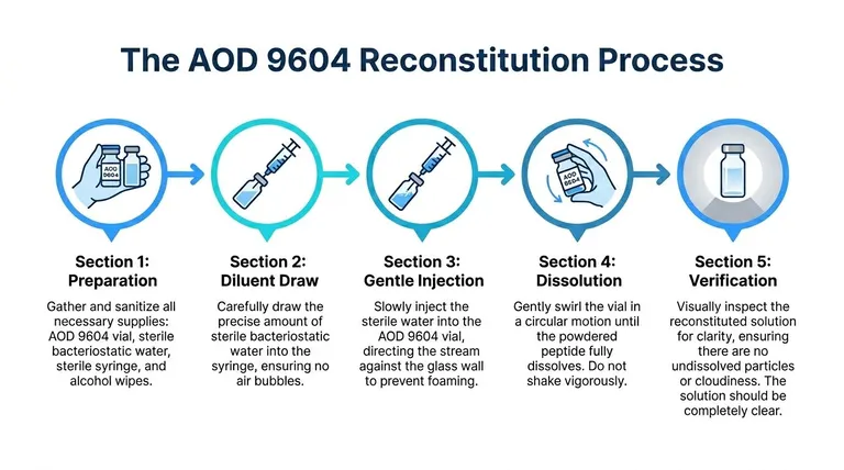 A step-by-step infographic illustrating the five-step process for the safe reconstitution of AOD 9604 peptide vials.
