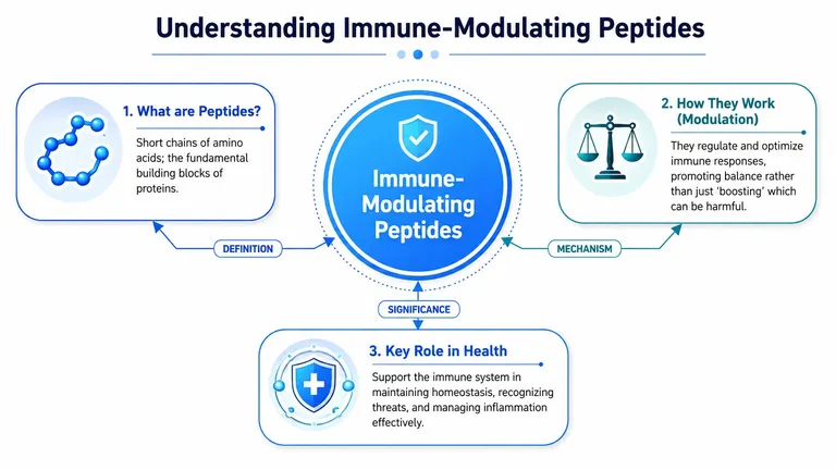 A diagram explaining immune-modulating peptides, covering their definition, mechanism of action, and key role in health.