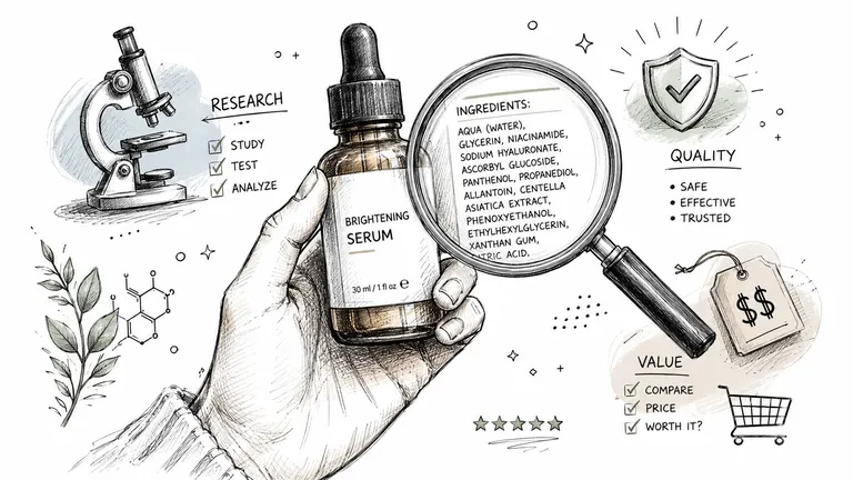 A hand holding a glass bottle of brightening serum with a magnifying glass showing the ingredient list.