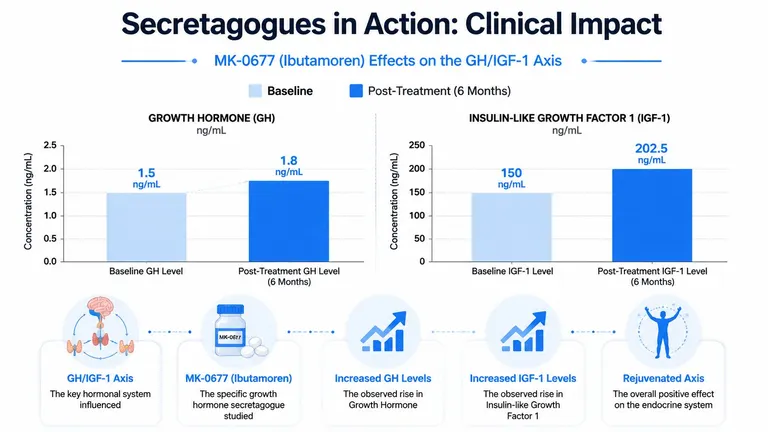 A chart showing how MK-0677 treatment increases Growth Hormone and IGF-1 levels over six months.