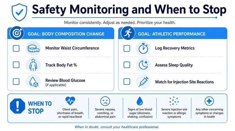 A safety monitoring guide for health goals including body composition tracking and criteria for when to stop.