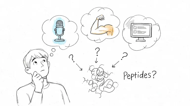 A sketched illustration of a person thinking about potential peptide supplement information sources and benefits.