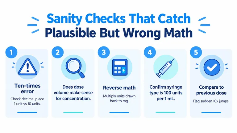 An infographic titled Sanity Checks That Catch Plausible But Wrong Math featuring five numbered steps for safe medication dosing.