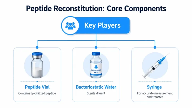 A diagram illustrating the three core components needed for peptide reconstitution: a peptide vial, bacteriostatic water, and a syringe.