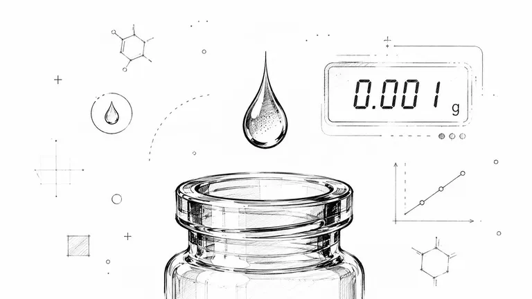 A hand-drawn illustration depicting a liquid drop falling into a glass vial with a digital mass display.